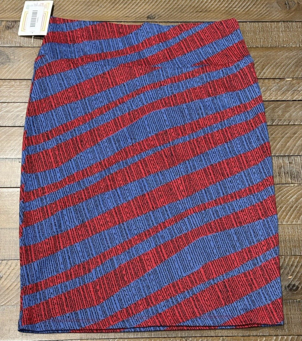 LuLaRoe Cassie Blue/Red Striped Pencil Pull On Straight Skirt - Size L